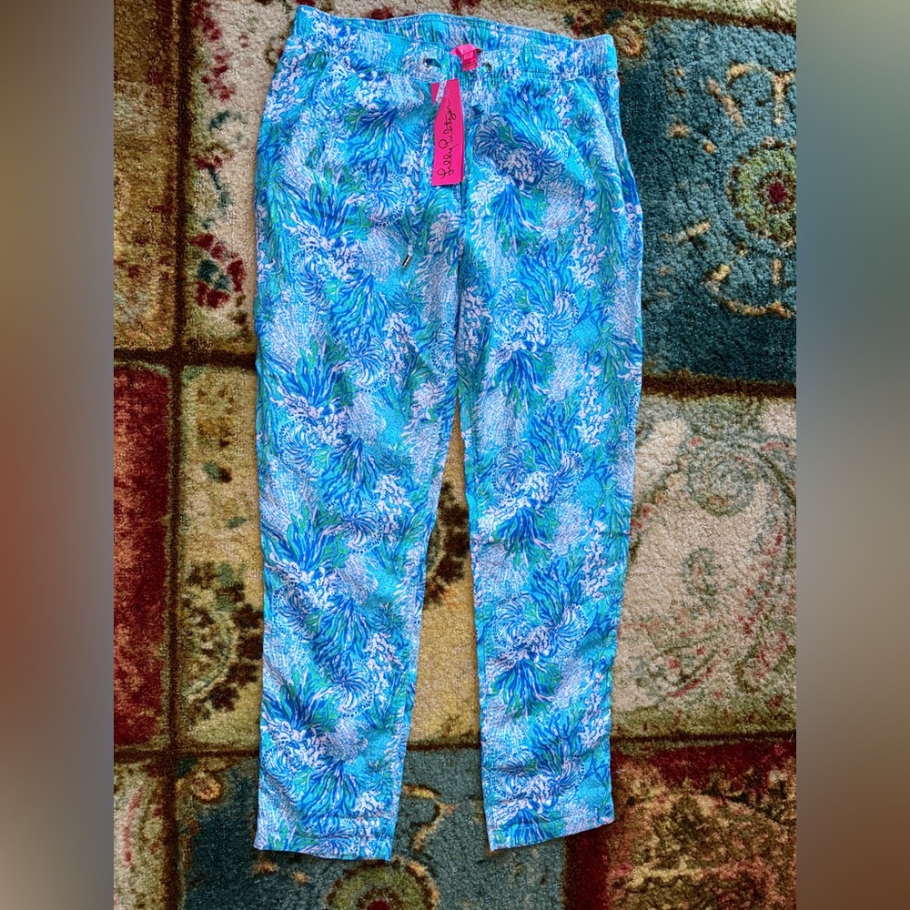 NWT Lilly Pulitzer M Medium 31" Taron Mid-Rise Linen Pant Las Olas Aqua Blue New